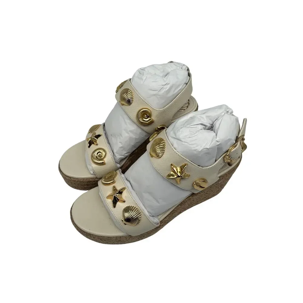Larroudé Madison Hi Ivory Leather Seashell Wedge Espadrille Sandals Women's Sz 6